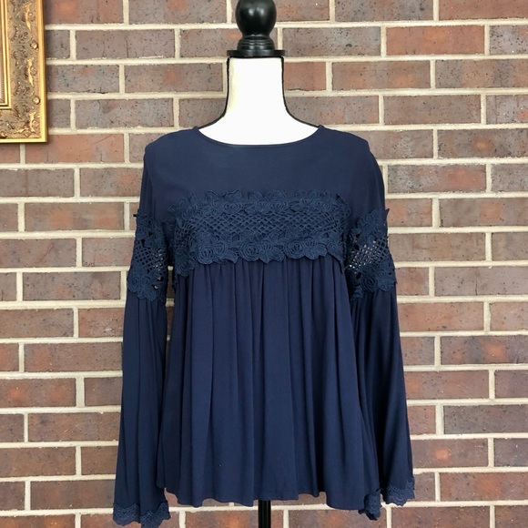 Lumie Brand Empire Rich Blue Blouse Swing Top Lace Embroidery Neiman Marcus Sz M - Picture 14 of 14